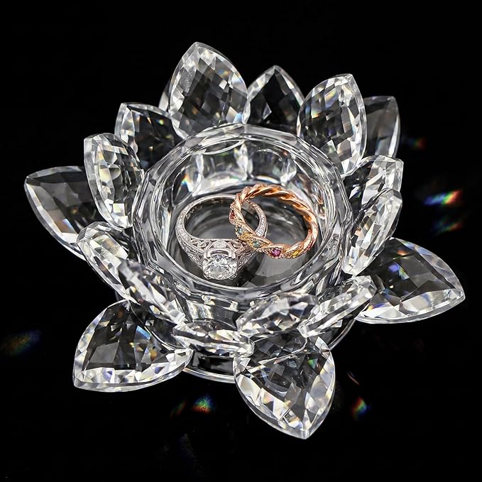 Crystal Flower Jewelry Tray, Luxury Transparent Decorative Trinket Dish for Rings, Earrings, Necklaces, Keys for Vanity Dresser Nightstand, Elegant Gift for Women Mother's Day (1, 4.4"(w) - Clear)