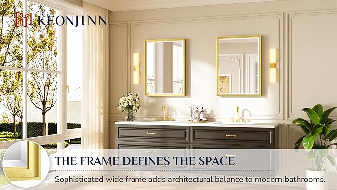 Keonjinn 24" x 32" Brushed Gold Bathroom Vanity Mirror, Aluminum Alloy Frame, Beveled Tempered Glass, Shatterproof, Rectangular, French Cleat Wall-Mounted Mirror for Decoration, Entryway, Hallway
