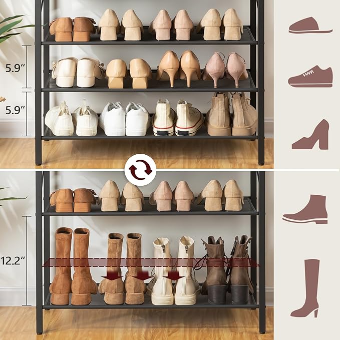MAHANCRIS 8 Tier Shoe Rack Organizer for Closet, Holds 28-32 Pairs, Tall Metal Shoe Storage Shelf for Entryway Bedroom, Sturdy Freestanding Shoe Rack Space Saving, Large Capacity, Rustic Brown