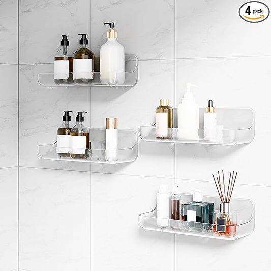4 Pack Acrylic Bathroom Shelves, Clear Adhesive Stick on Shelf with 8 Pack Adhesive