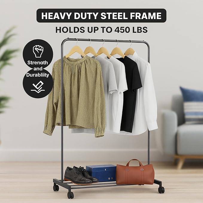 USTECH Heavy Duty Garment Rack with Sturdy Wheels | 450 lb Load Capacity | Adjustable Metal Clothing Anti-Slip Rack for Hanging Clothes, Lockable for Stability (Single Rod)