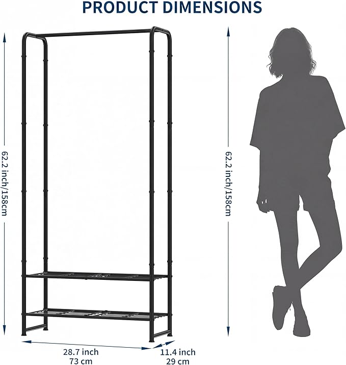 IDEALHOUSE 2-in-1 Freestanding Clothes Rack with Shelves,Hanging Clothes, Portable Metal Clothing Rack for Hanging Clothes, Black Garment Rack Closet Organizer for Bedroom, Entryway, Dorm