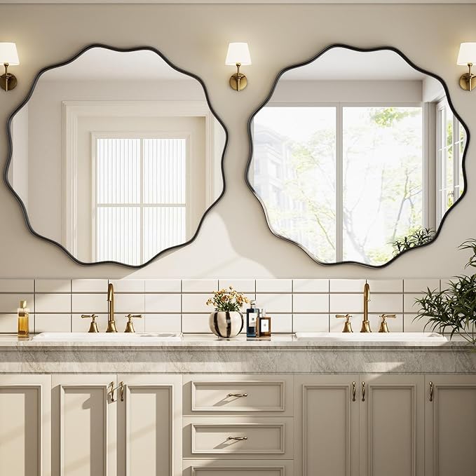 Round Wavy Mirror - 30 Inch Metal Frame Round Mirrors Wavy Edge Circle Mirror for Bathroom Bedroom Living Room Entryway Black