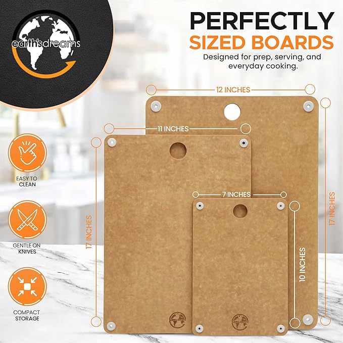 Earth's Dreams Composite Wood Cutting Board Set of 3 – Dishwasher Safe, Non-Toxic Cutting Boards for Kitchen – Large, Medium & Small Non-Slip Wood Charcuterie & Chopping Boards (Tan)