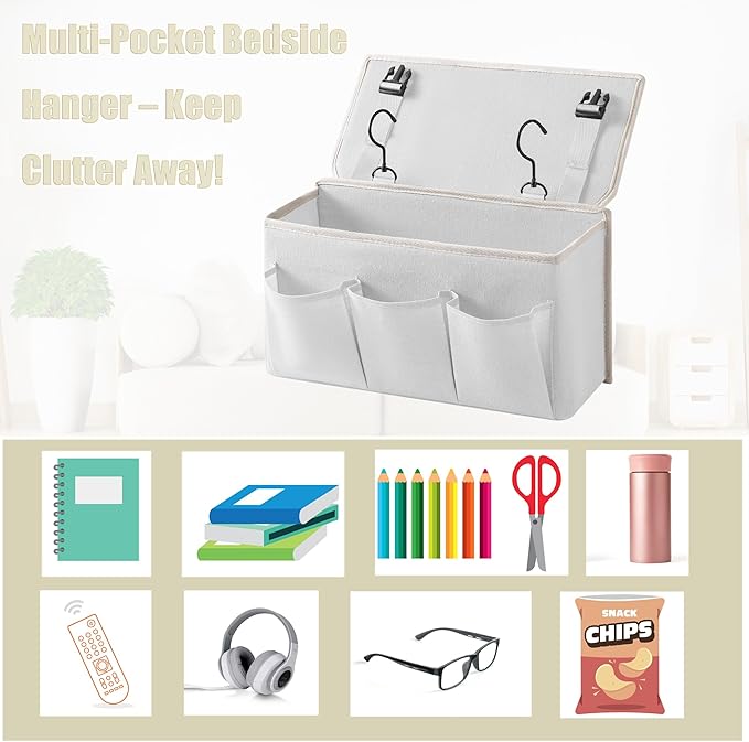 Bedside Caddy / Bedside Storage Organizer Hanging Bag with Three Options,Suitable for home beds, sofas, and dormitory beds—can hold magazines, books, phones, iPads, remote controls. (2-Pack White)