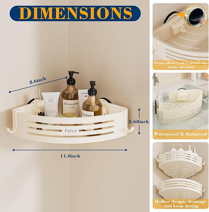 Corner Shower Caddy Suction Cup, No-Drilling Hanging Shower Shelves with Hooks, Waterproof & Rustproof Removable Shower Organizer for Bathroom Storage