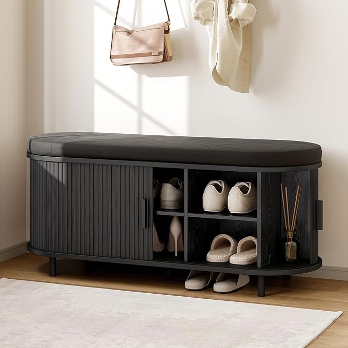 ONBRILL 43" Shoe Bench with Storage, Fluted Shoe Storage Bench with Cushion, Sliding Door and Adjustable Shelf, for Entryway, Hallway, Living Room, Black