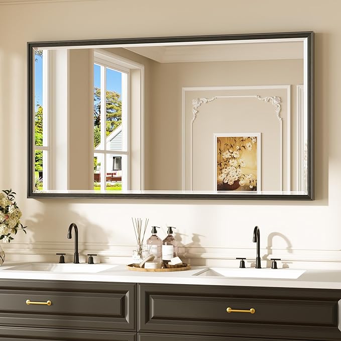 Keonjinn 55" x 30" Black Bathroom Vanity Mirror, Black Metal Framed Mirror, Beveled Edge Tempered Glass, Aluminum Alloy, Rustproof, Decorative Wall Mirrors for Entryway, Hallway(Vertical/Horizontal)