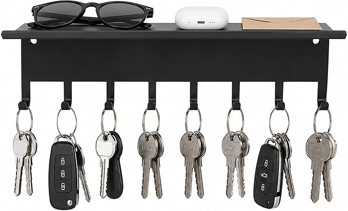 Key Holder Hooks Organizer Hanger Rack Wall Mounted Sweet Home Metal Decor Stylish and Practical for Entryway Front Door Kitchen Hallway Garage Mudroom Office Hardward Included Black (Key hook shelf)
