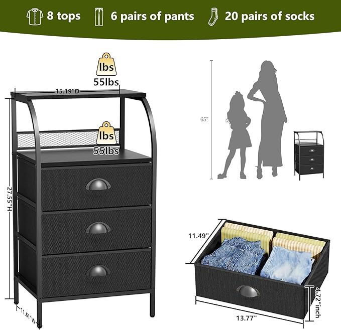 Night Stand Set 2, Nightstand with 3 Fabric Drawers and 2-Tier Shelf, Small Dresser Organizer, Bedside Table with Storage, End Table for Bedroom, Steel Frame, Wood Top, Black