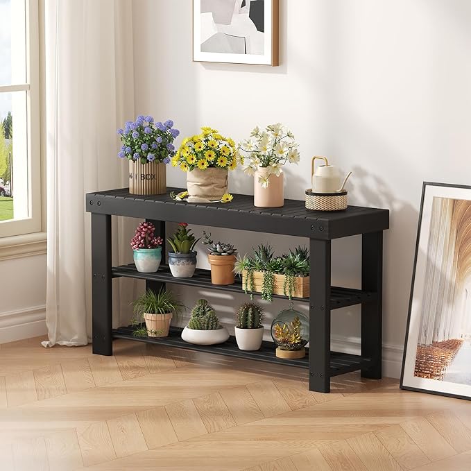NEWBULIG Shoe Rack Bench, 3-Tier Bamboo Shoe Organizer, Wooden Entryway Storage Bench, 286 lb Load Capacity, 11.2x35.5x17.9 Inches, for Entryway Bathroom Bedroom Balcony, Black