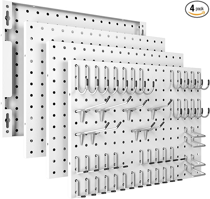 Spampur Peg Board, 4 Pack Metal Pegboard Panels with 50 Hooks, White Pegboards Wall Organizer, Heavy Duty Peg Board for Walls Home, Garage Tool Storage, Office Organization, Craft Room, Kitchen