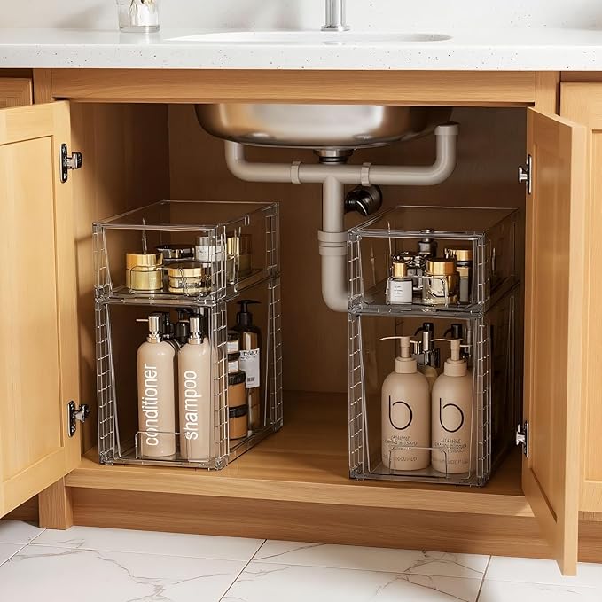 High Clear Stackable Storage Drawers(4 Pack), High-strength Plastic Organizer Bins with Handles for Skincare Bathroom Cabinet Vanity Undersink Kitchen Pantry BPA-Free Storage Containers