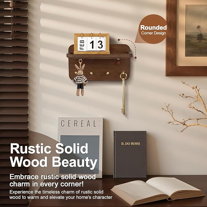 Key Holder Wall Mount, Solid Wood Key Holder for Wall with 4 Brass Hooks & Hidden Magnets, 15° Incline Hooks & Grooved Design to Prevent Slipping, Vintage Brown Key Hanger