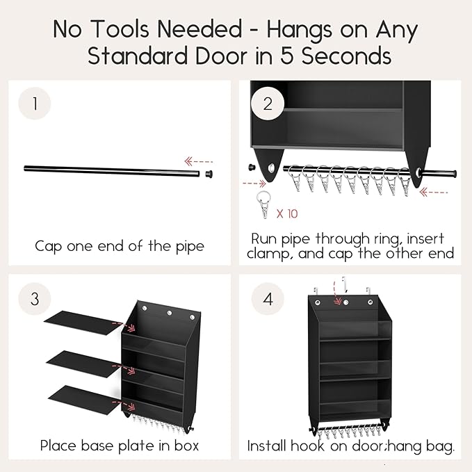 Homsorout Over the Door Hat Rack - 3-Layer Design Hat Organizer Holds 30-36 Hats with 10 Hooks, Ideal Hat Rack for Door, Over the Door Organizer for Closet, Apartment, Bedroom, Dorm, 2 Pack, Black