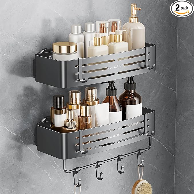 Rectangle Shower Caddy Suction Cup – Rustproof Aluminum Shelf with Towel Bar & Hooks, Laungborf No-Drill Removable Wall Storage for Bathroom (Matte Gray, 2 Pack)