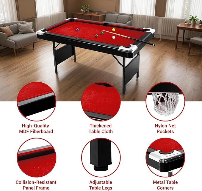 7 Foot Pool Table for Family, Foldable No Assembly Pool Table with Balls, Cues, Chalk, Rack & Brush, Portable Billiards Game Table for Apartment, Basement, Office & Game Room