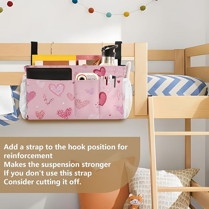 Bedside Caddy Hanging Bunk Bed Caddy Bed Organizer Hanging Pocket with 2 Hooks Bedside Storage Organizer Pocket Bag Holder Heart Pink