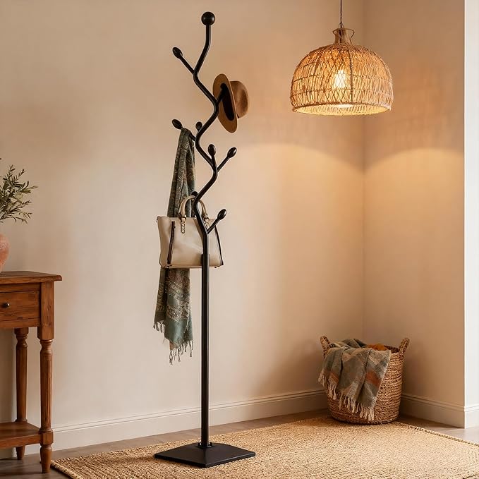 Coat Rack Freestanding Metal Coat Tree with 8 Hooks, Creative Design Tree Branch-look, Standing Coat Rack Coat Hanger Stand with Stury cast iron Base for Entryway, Hallway, Bedroom (black)
