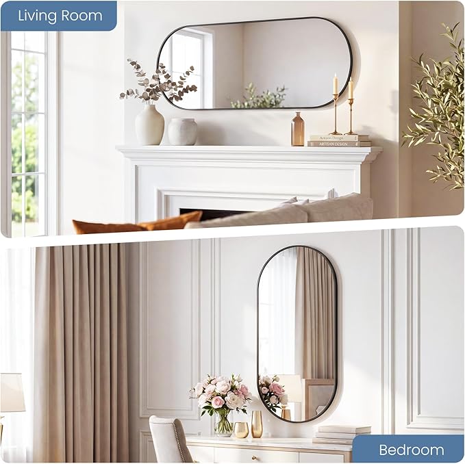 Sweetcrispy 24" x 48" Black Bathroom Mirror for Wall, Oval Wall Mirror with Metal Frame, Tempered Glass, Modern Vanity Mirror for Over Sink, Living Room, Bedroom, Entryway, Horizontal or Vertical