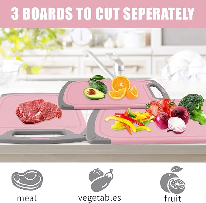 Cutting Boards for Kitchen, Plastic Chopping Board Set of 4 with Non-Slip Feet and Deep Drip Juice Groove, Easy Grip Handle, Dishwasher Safe, BPA Free, Non-porous(Pink/Gray)