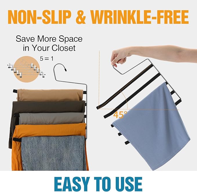 Multi Layer Space Saving Non Slip Tiered Foam Padded No Creases Pants Hangers 5 Tier Steel Open Ended Beige 5 Pack