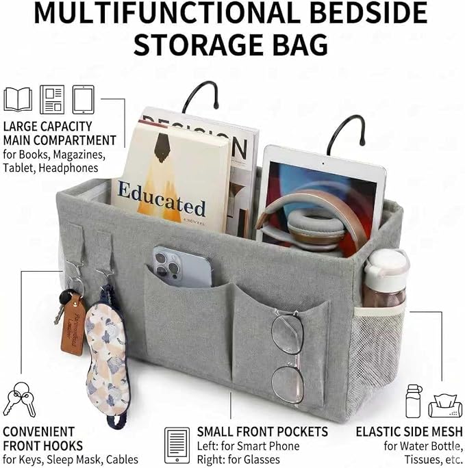1pc Bedside Caddy Organizer with Hooks, No-Sagging Canvas Hanging Bed Pocket with Water Bottle Holder, Bedside Storage for Dorm Room Essentials, Bunk Bed Accessories, Hospital Bed Rails & Crib (gray)
