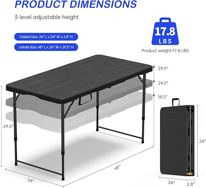 VSOAEIL Folding Table 4 Foot for Indoor Outdoor, Portable Heavy Duty Fold-in-Half Utility Small Plastic Adjustable Height Folding with Carrying Handle for Picnic Camping and Party, Matte Black