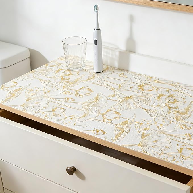 Shelf Liners Non Adhesive Light Base Gold Lotus Pattern - Thickened Non-Slip Easy to Clean Drawer Liner for Kitchen Cabinets, Tool Box, Refrigerator, with Knife & Tape Measure, 12in x 10FT