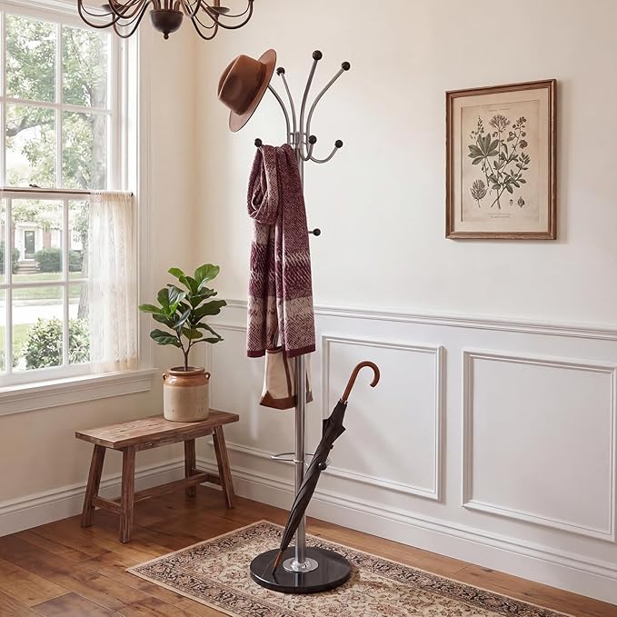 Metal Coat Rack Freestanding with Natural Marble Base, coat rack stand with 11 Hooks & Umbrella Holder, heavy duty coat rack for Coats Hats for Entryway Bedroom Office（silvery）