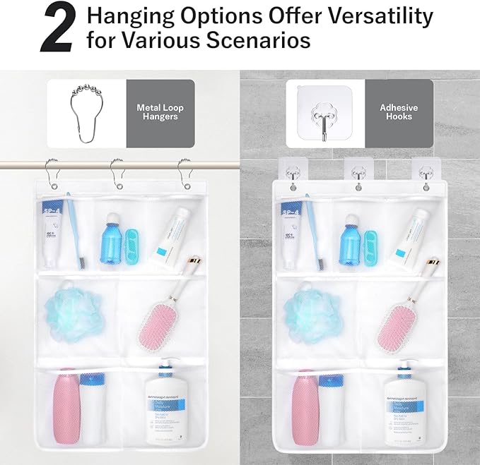 F-color Cruise Essentials 2026 - Mesh Shower Organizer Hanging with 7 Pockets for RV Gym Camping, Quick-Dry Portable Toiletry Bag with Metal Hooks for Bathroom Travel Toiletries，White+White