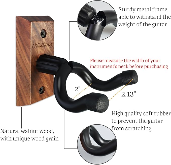 Guitar Wall Mount 2 Pack, Black Walnut Wood Guitar Hanger, U-Shaped Guitar Wall Hanger Mount, Guitar Holder Hook Stand Wall for Acoustic, Electric Guitar, Banjo, Bass, for Guitar Player Men Boy