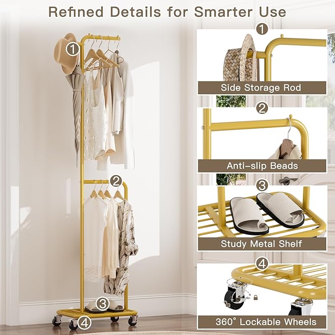 Small Clothes Rack with Wheels, 71" Portable Rolling Clothing Rack with Bottom Metal Shelf, Garment Rack with Hanging Rod, Sturdy Freestanding Coat Rack for Bedroom, Entryway, Gold