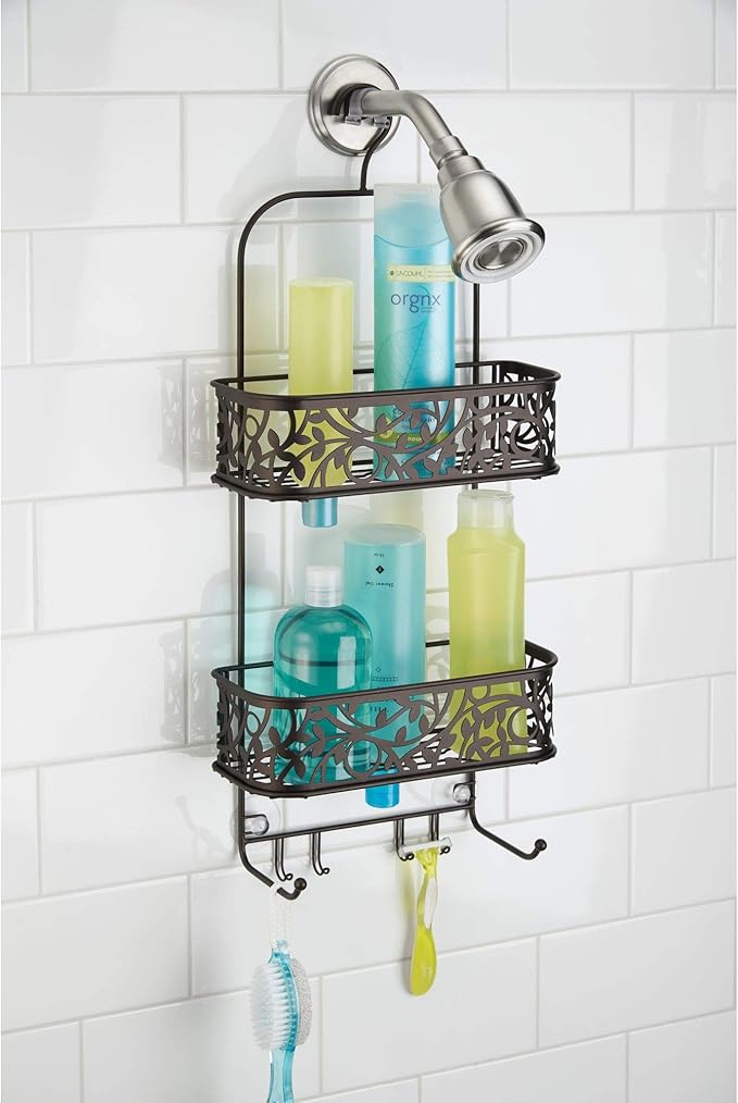 iDesign Vine Metal Wire Hanging Shower Caddy, Extra Wide Space for Shampoo, Conditioner, and Soap with Hooks for Razors, Towels, and More, 10.5" x 4.5" x 25"