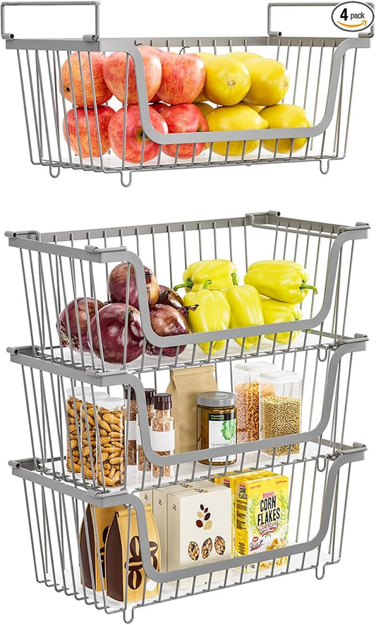 4 Pack Stackable Wire Baskets with Handles for Pantry Organizers and Storage, Fruit and Vegetable wire storage baskets, Potato and Onion Storage Bin, Metal Baskets for Organizing Snacks, Cans (Gray)