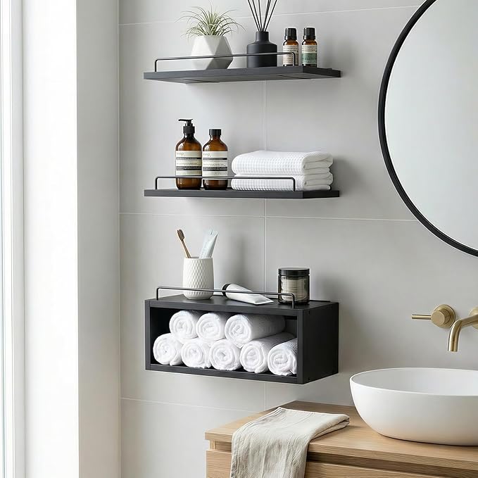 LANDNEOO Floating Shelves for Wall with Cube Shelf, Set of 3 Wood Bathroom Shelves Over Toilet for Storage, Wall Mounted Organizer with Metal Rail for Restroom Decor and Toilet Paper, Black