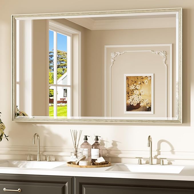Keonjinn 48" x 30" Brushed Nickel Bathroom Mirrors for Over Sink, Aluminum Alloy Wide Frame, Safe Tempered Glass with Beveled Edge, Shatterproof, Silver Bathroom Vanity Mirror(Vertical/Horizontal)