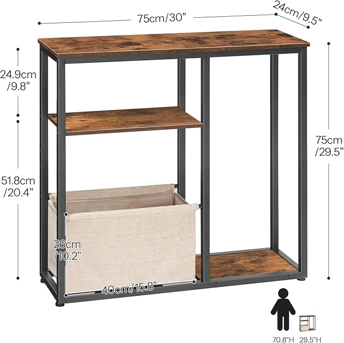 HOOBRO Narrow Console Table with Storage Basket, 29.5" Small Entryway Table with 3-Tier Storage Shelves, Behind Couch Sofa Table, Hallway Table for Living Room, Rustic Brown, Black and Beige BF60XG01