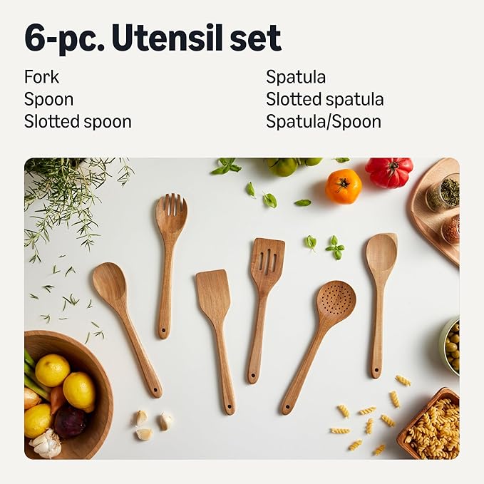 Amazon Basics Wooden Cooking Utensils, 6-Piece Set, Acacia Wood, Pre Oiled, Cookware-Safe, Ideal for Nonstick