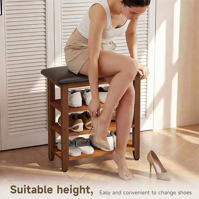 Shoe Bench with Leather Cushion,Wood Bench with Shoe Rack,3-Tier Shoe Storage Organizer for Entryway,Hallway,Living Room (3-Tier-23.6", Rubberwood)