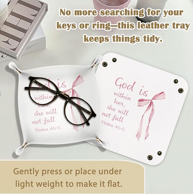 Christian Gifts Jewelry Valet Tray for Women, Coquette Pink Bow Bible Verse PU Leather Catchall Beside Caddy Nightstand Organizer Tray for Jewelry Rings Watches and Accessories, 7.87x7.87in