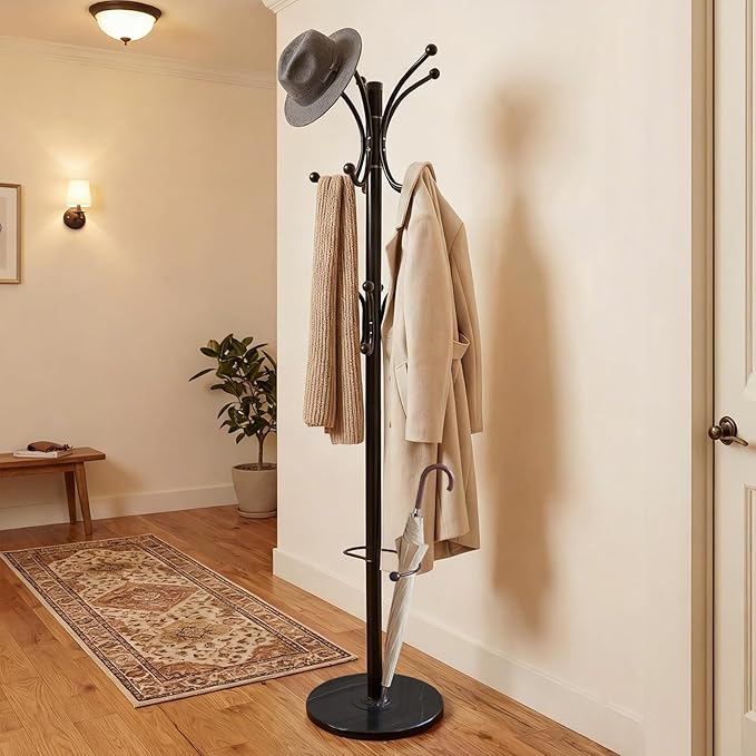 Metal Coat Rack Freestanding with Natural Marble Base, 360° Roraty Coat Rack Stand with 16 Hooks & Umbrella Holder, Black Heavy Duty Coat Rack for Coats Hats for Entryway Bedroom (Black)