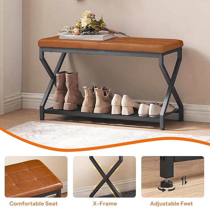 HOOBRO 29.5" Shoe Bench, Entryway Bench with Tufted PU Leather Cushion, Boot-Friendly Shoe Rack Bench Holds 300 lb, Industrial Shoe Storage Organizer for Small Space Front Door, Whiskey Brown CB24HX01
