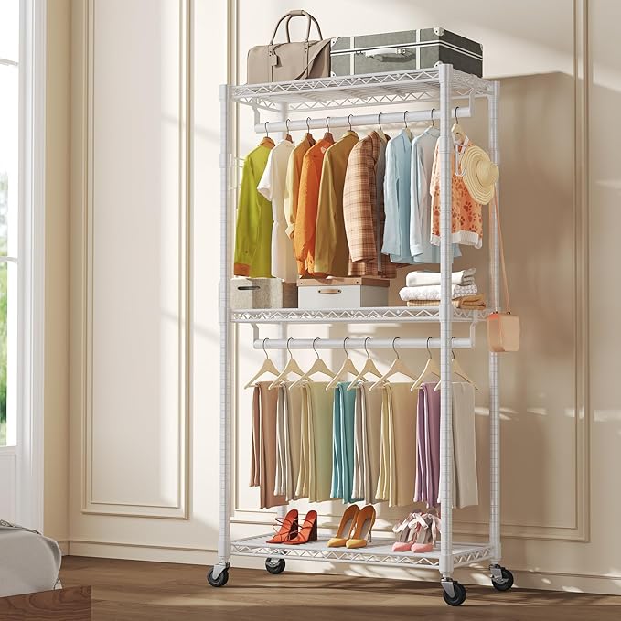OLIXIS Clothes Rack Heavy Duty Adjustable Garment Clothing Rack with Wheels, Rolling Metal Freestanding Closet Organizer for Hanging Clothes with 2 Side Hooks, Double Rods, 35" x 15" x 75", White