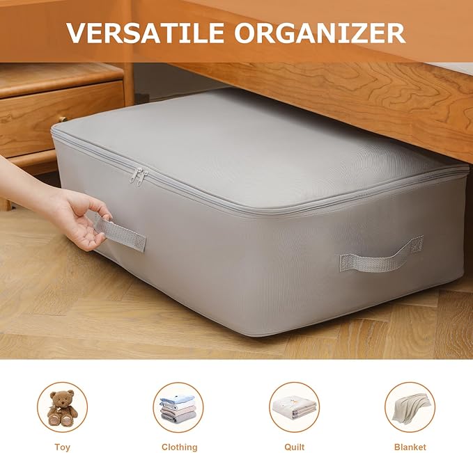 Surblue Clothing Storage Bags Clothes Organizer with Reinforced Handle Foldable Under Bed Storage Bags for Blankets Comforters Quilt Bedding Pillow, 3Pcs,Gery
