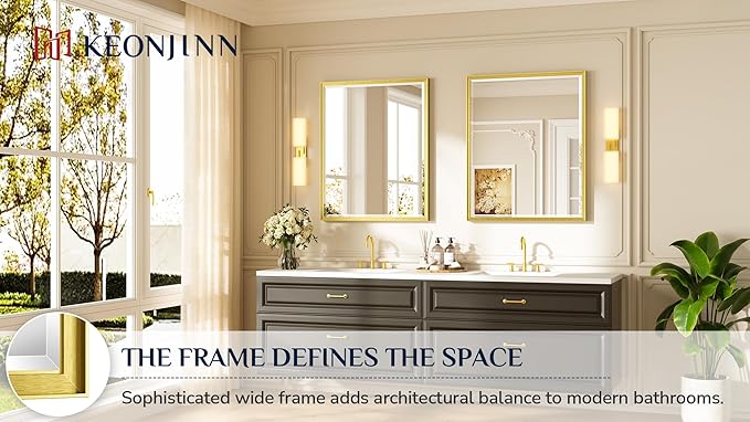 Keonjinn 30" x 36" Gold Bathroom Mirror, Beveled Edge Tempered Glass, Decorative Aluminum Alloy Frame, Rustproof, Modern Farmhouse Style, Rectangle Brushed Gold Vanity Wall Mirrors with Square Corner