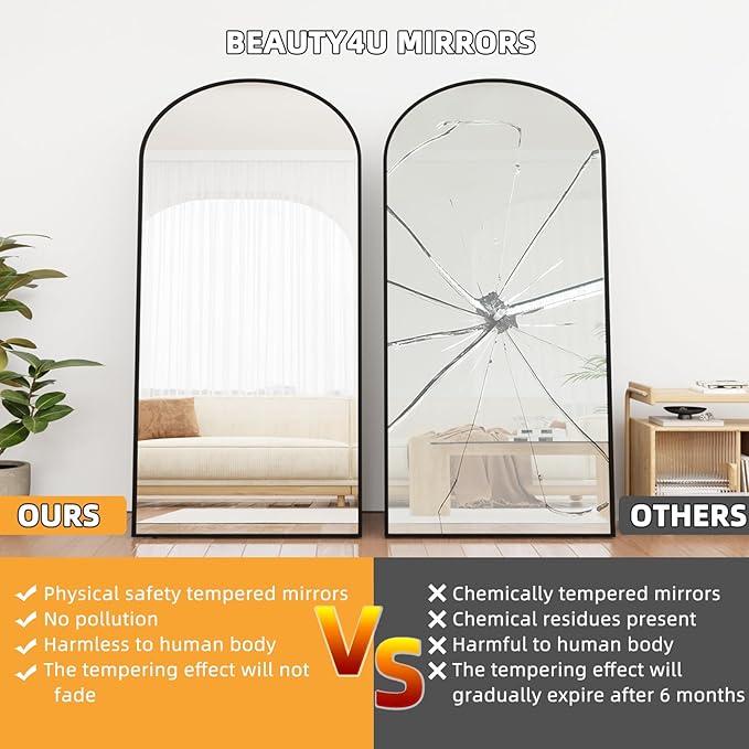 Beauty4U 79" x 39" Arched Full Length Mirror with Stand, Large Floor Mirror Full Body Tempered Glass, Black Metal Frame Standing, Leaning or Wall Mounted Mirror for Bedroom, Living Room, Dressing Room