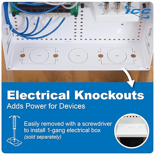 ICC 14” Plastic Structured Wiring Enclosure with Cover, Includes 3 Connectivity Modules (CAT6 8-Port PoE++ Module, 1x8 Bridged Telephone RJ31X Module, 1x6 Video Module), UL Listed, TAA Compliant