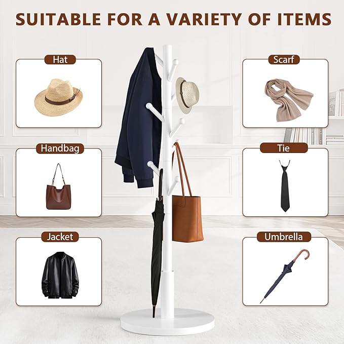 Coat Rack Freestanding Wooden Coat Tree Stand with 8 Round-tip Hooks, 3 Adjustable heights Coat Hat Rack for Entryway,Bedroom,Hallway,Office (White)