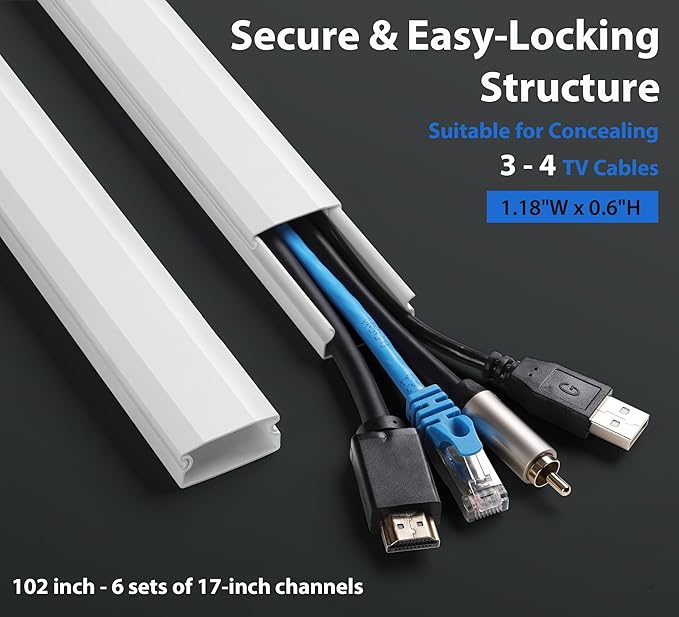 ZhiYo Wall Cable Hider, Cord Hider to Hide 3-4 Cords, Self-Adhesive TV Wire Hider for Wall, Cable Management Kit, Wire Raceway White, 102in 6 x L17in, Paintable Cord Concealer, W1.2in x H0.6in